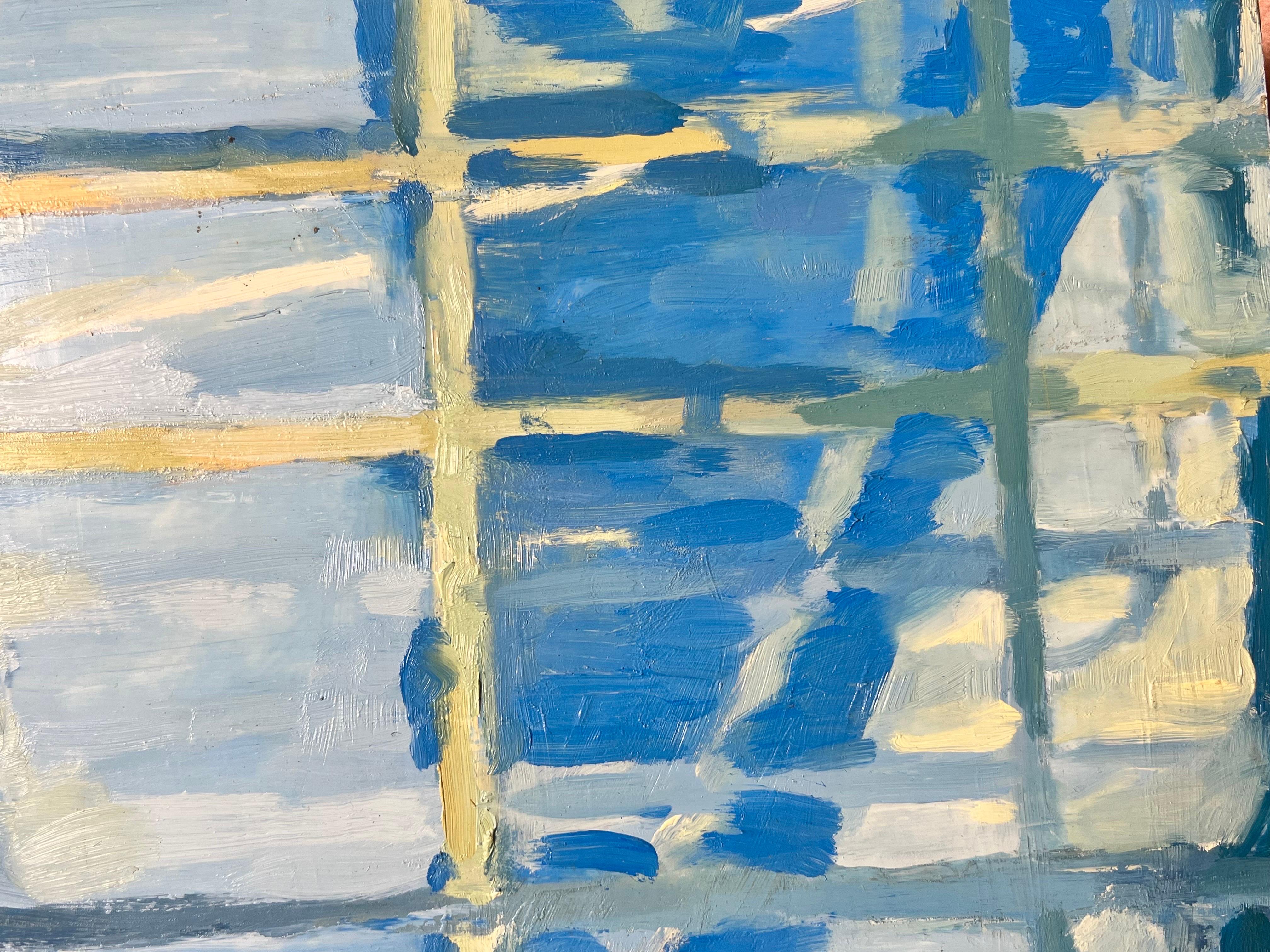 Pittura contemporanea astratta britannica Blu Bianco Grigio forme - Painting di Jill Jackson