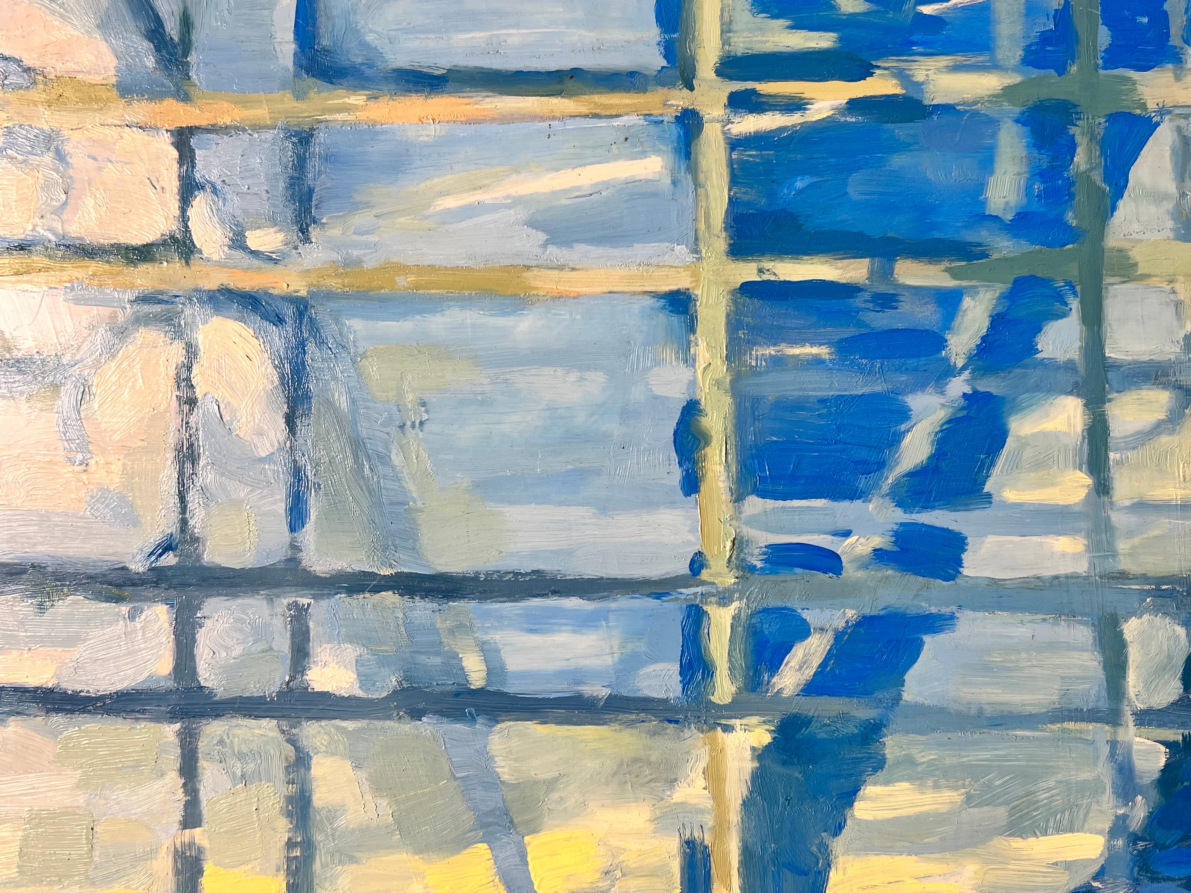 Pittura contemporanea astratta britannica Blu Bianco Grigio forme - Painting Moderno di Jill Jackson