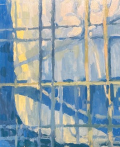 Abstraktes, zeitgenössisches britisches Gemälde in Blau, Weiß und Grau
