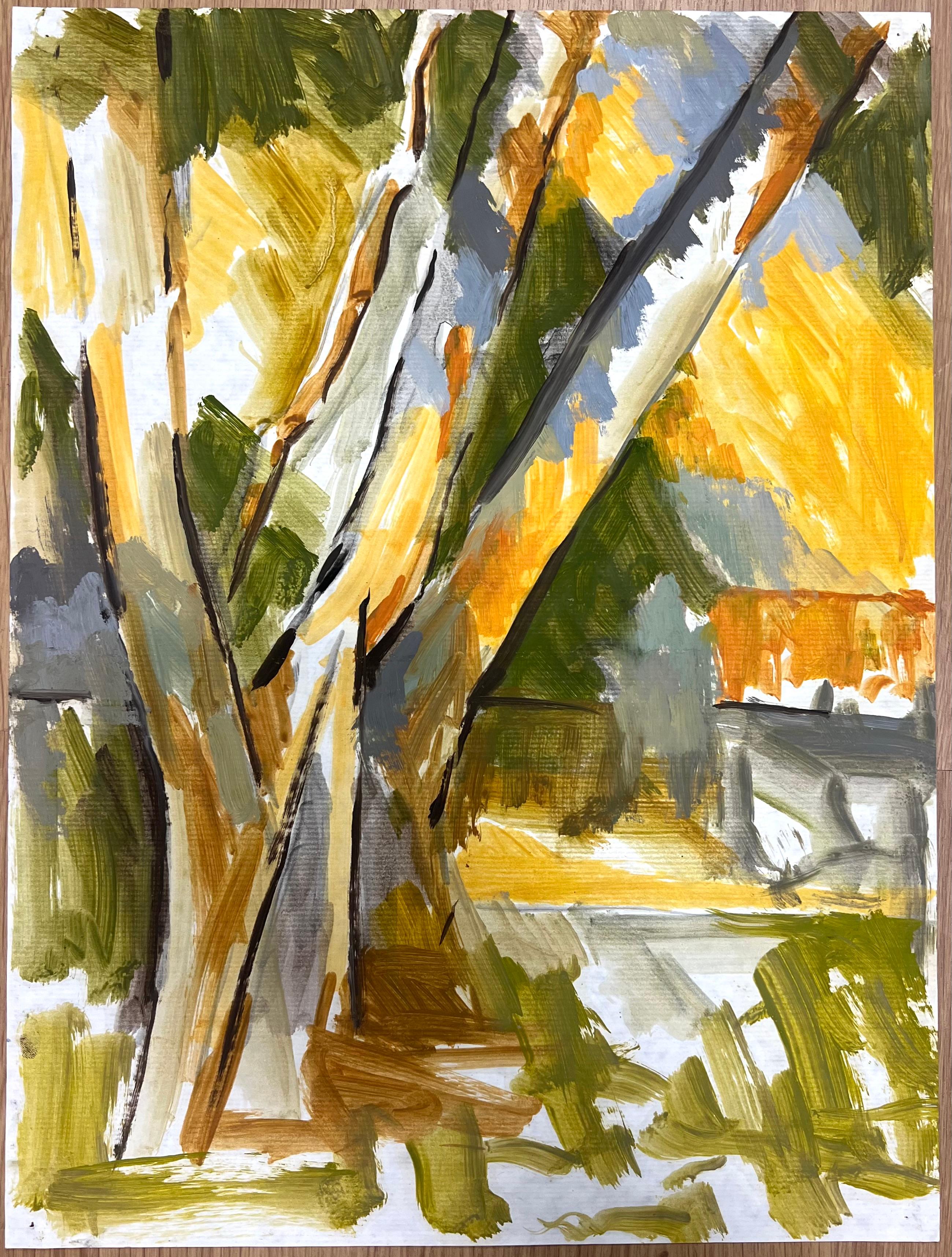 Paesaggio astratto di alberi con pennellate intrecciate in colori terrosi e autunnali - Painting di Jill Jackson