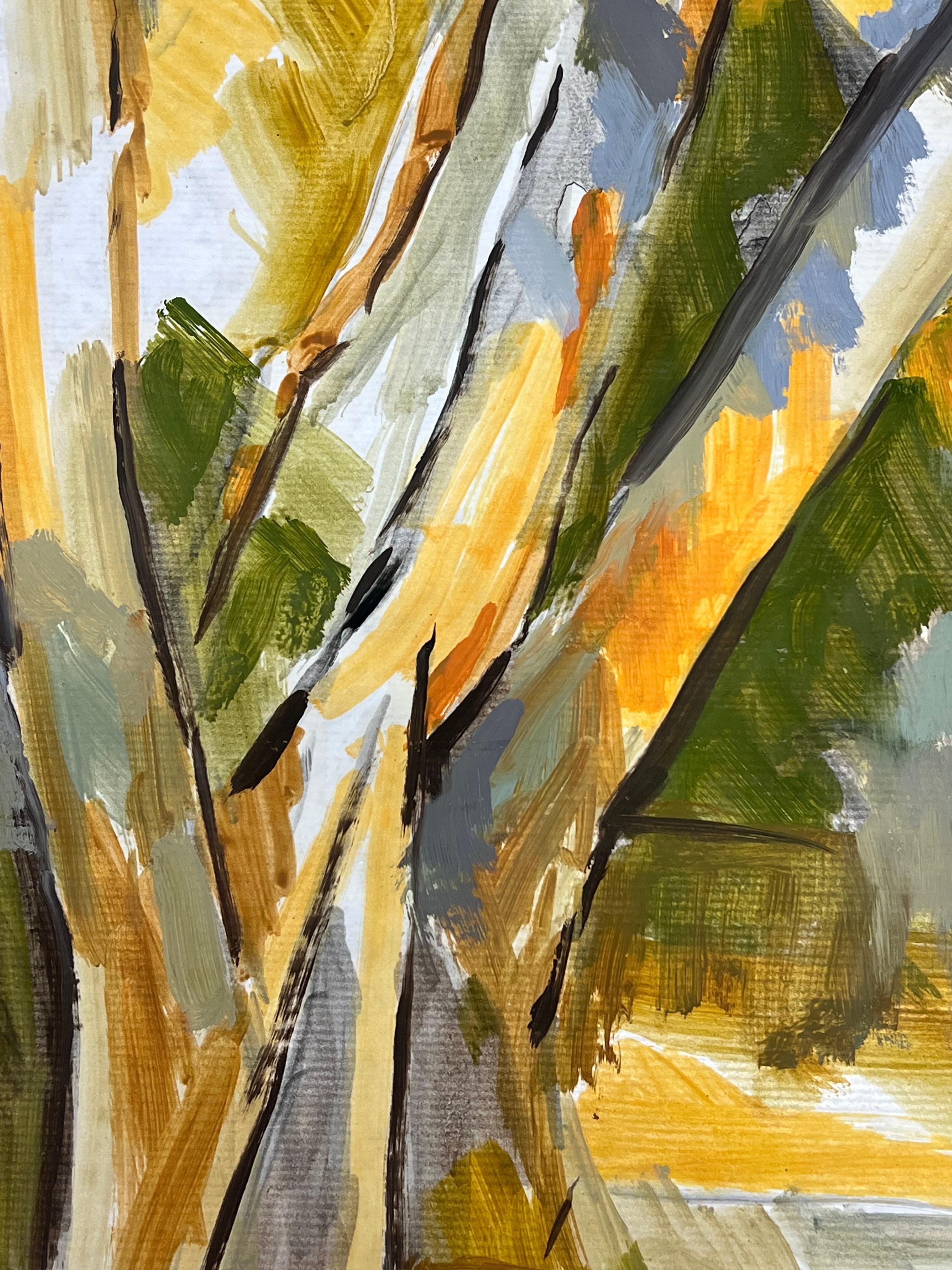 Paesaggio astratto di alberi con pennellate intrecciate in colori terrosi e autunnali - Painting Moderno di Jill Jackson