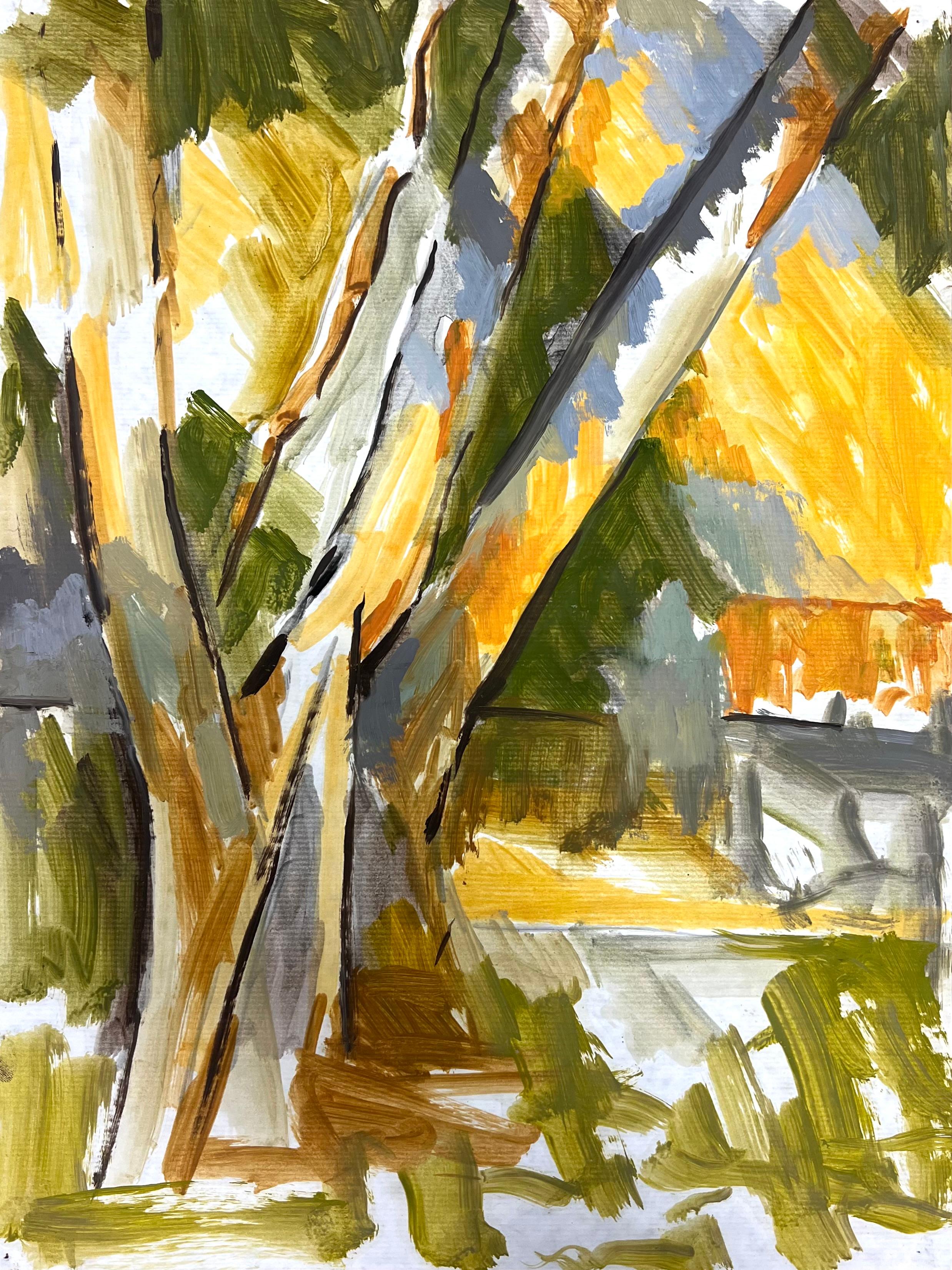 Landscape Painting di Jill Jackson - Paesaggio astratto di alberi con pennellate intrecciate in colori terrosi e autunnali