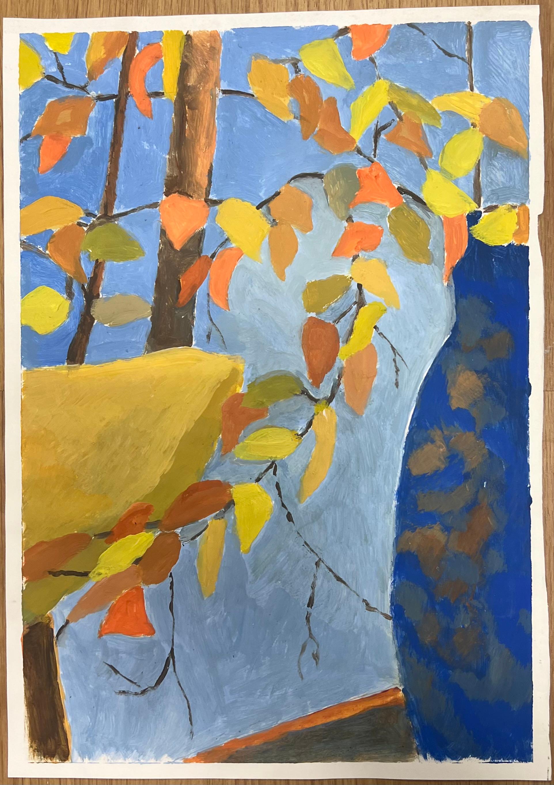 Autumn Leaves in Conversation: A Study of Vibrant Foliage British Oil Painting - Gray Interior Painting by Jill Jackson