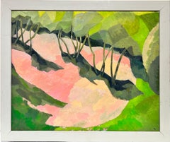 Beautiful British Modernist Oil Painting - Pink & Soft Green Landscape & Trees