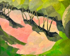Beautiful British Modernist Oil Painting - Pink & Soft Green Landscape & Trees