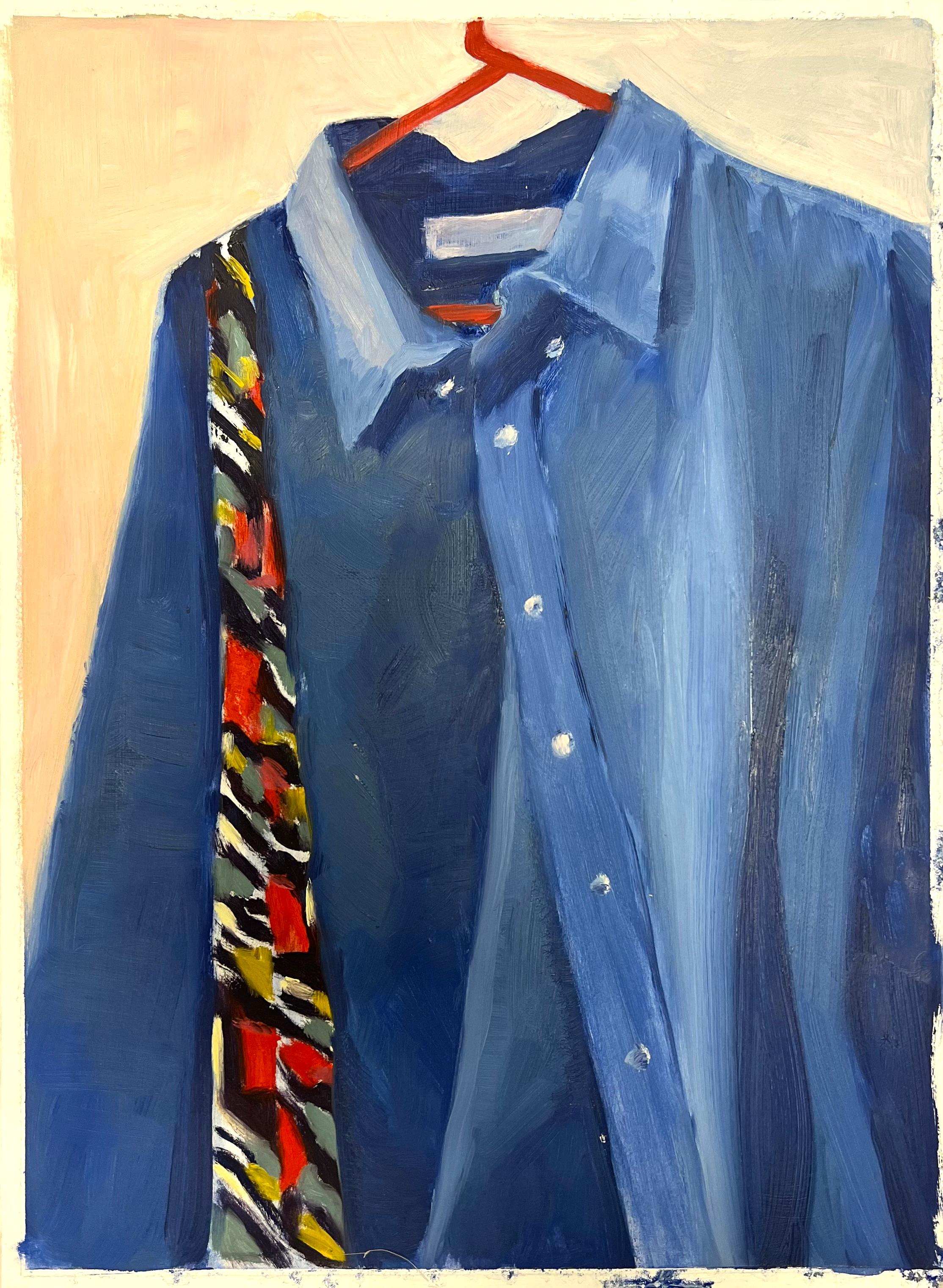 Chemise en denim bleue suspendue à un cintre rouge avec une écharpe à motifs audacieux - Painting de Jill Jackson