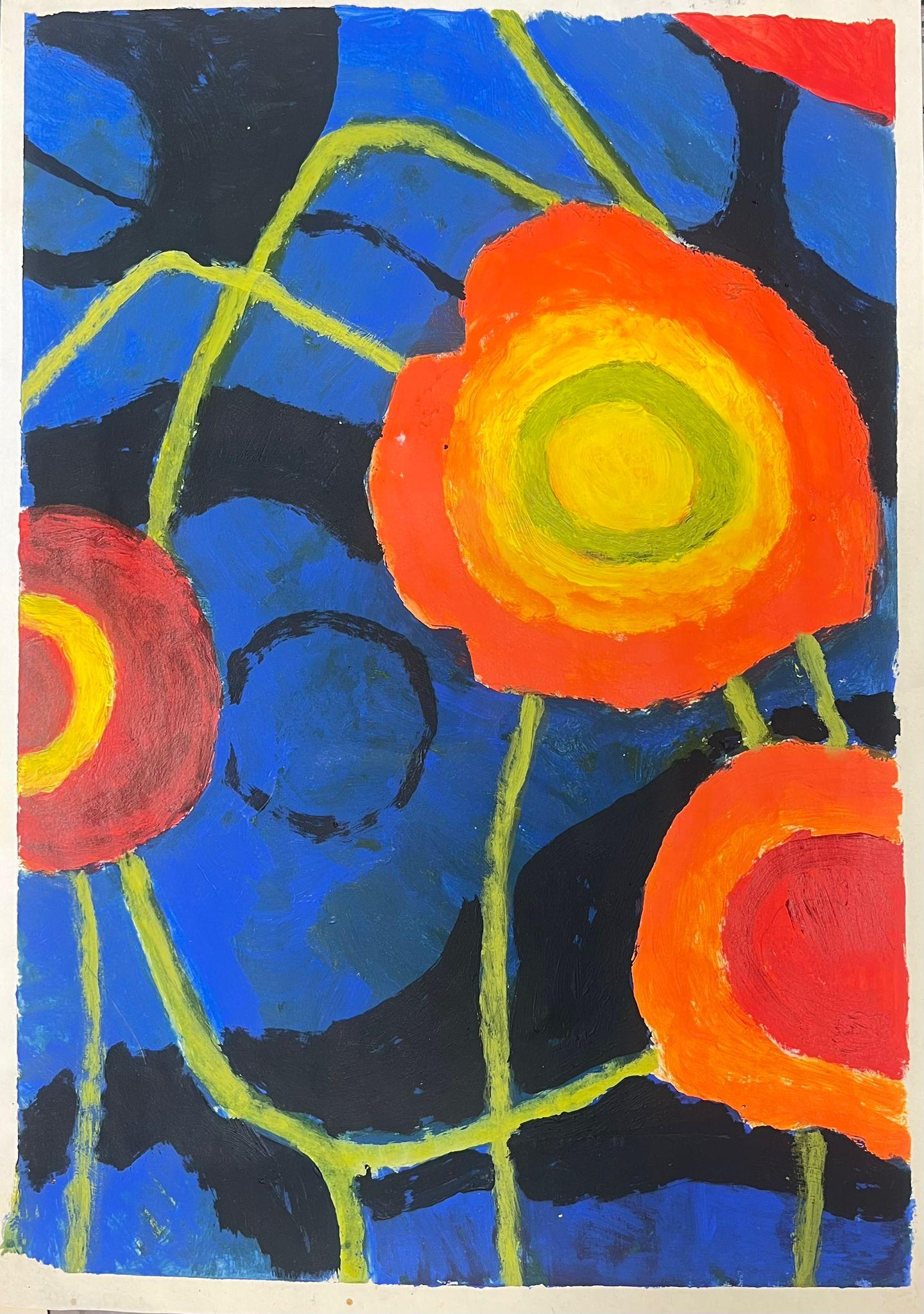 Abstrakte, kühne, abstrakte Blumenkomposition mit lebhaften Farben auf dunklem Hintergrund – Painting von Jill Jackson