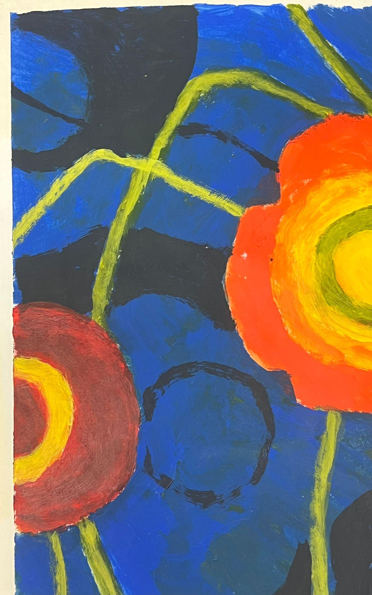 Abstrakte, kühne, abstrakte Blumenkomposition mit lebhaften Farben auf dunklem Hintergrund (Moderne), Painting, von Jill Jackson