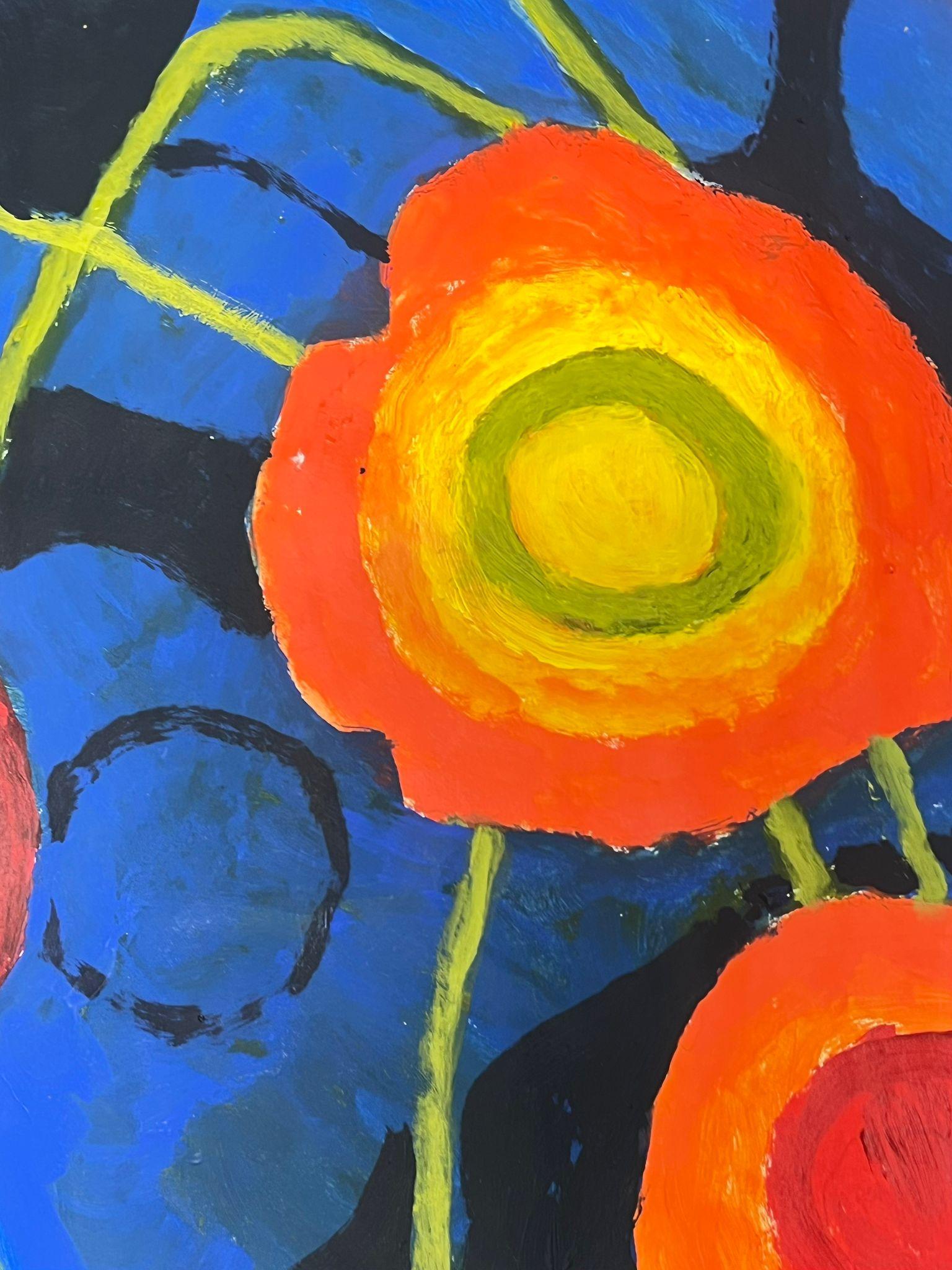 Abstrakte, kühne, abstrakte Blumenkomposition mit lebhaften Farben auf dunklem Hintergrund im Angebot 1