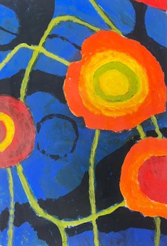 Atrevida Composición Floral Abstracta con Colores Vibrantes sobre Fondo Oscuro