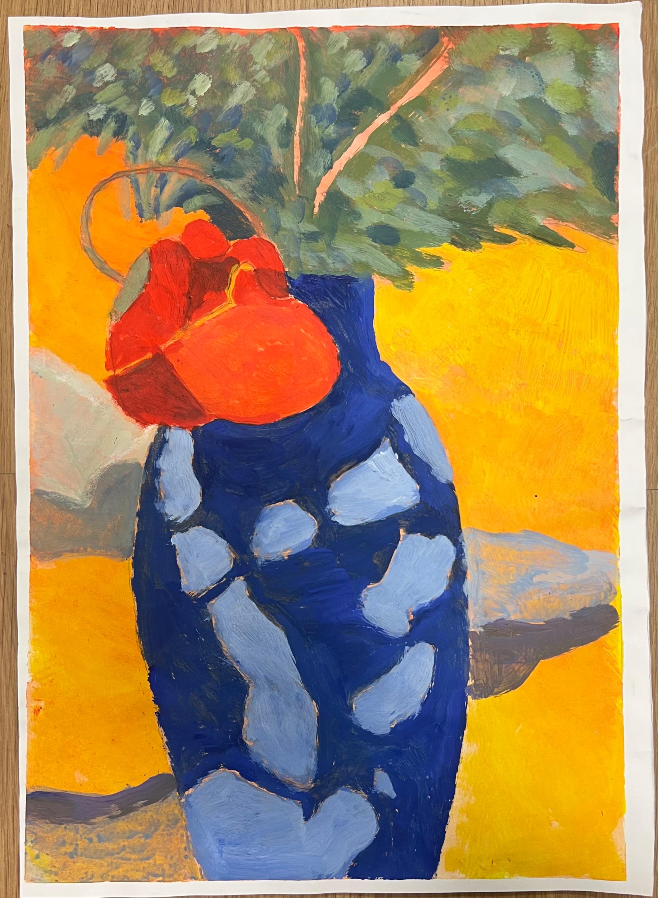 Atrevido jarrón azul con flor roja sobre fondo amarillo vibrante Óleo británico - Painting de Jill Jackson