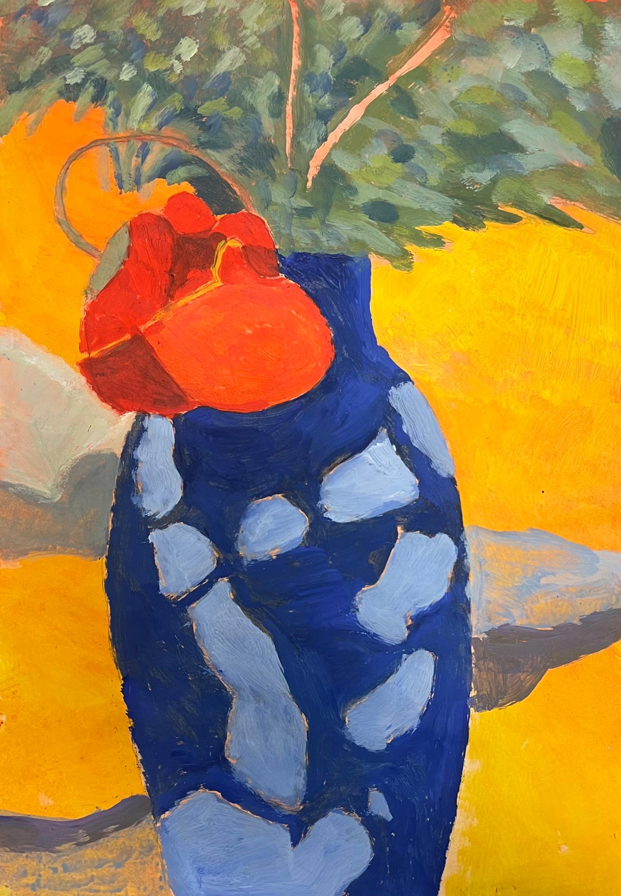 Interior Painting de Jill Jackson - Atrevido jarrón azul con flor roja sobre fondo amarillo vibrante Óleo británico