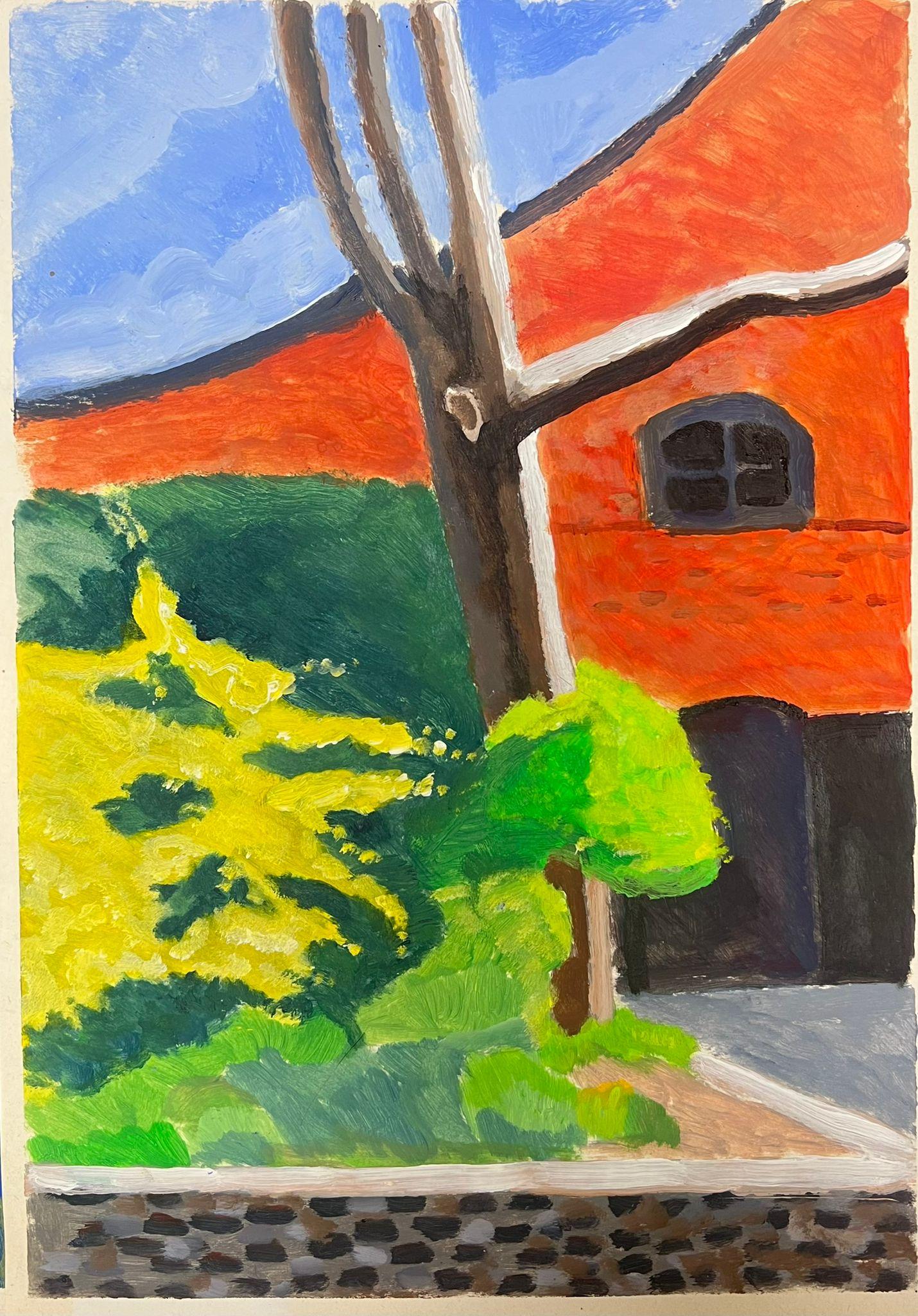 Kühnes Landschaftsgemälde mit rotem Dach und üppigem grünen Laub – Painting von Jill Jackson