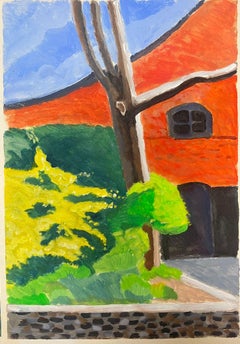 Bold Landscape Painting with Red Roof and Lush Green Foliage