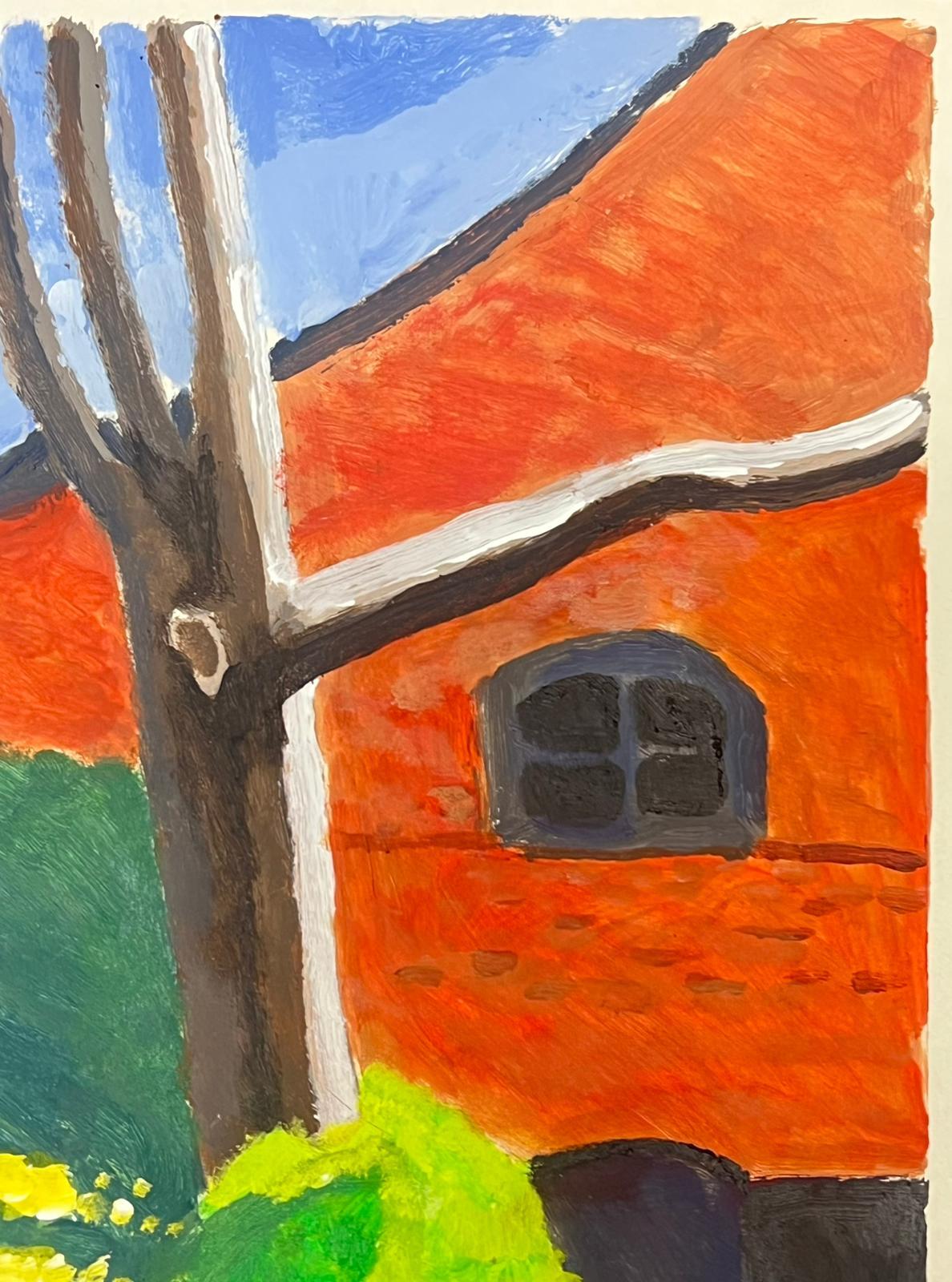 Kühnes Landschaftsgemälde mit rotem Dach und üppigem grünen Laub (Moderne), Painting, von Jill Jackson