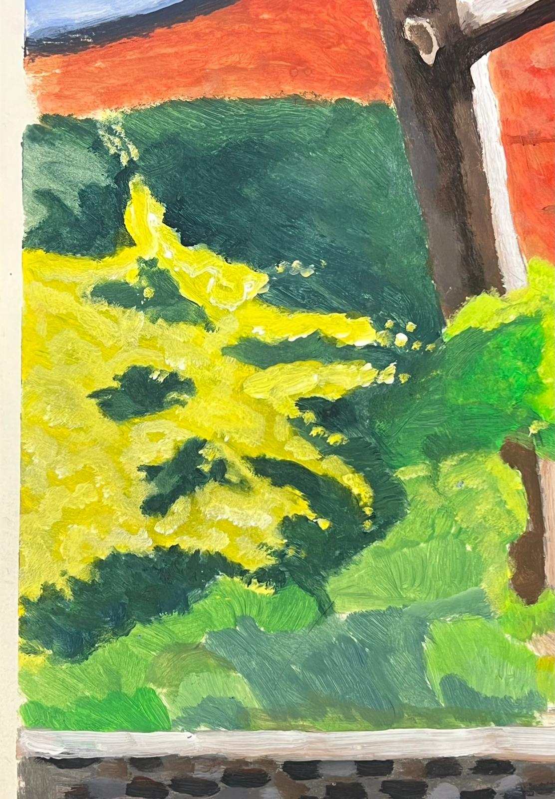Kühnes Landschaftsgemälde mit rotem Dach und üppigem grünen Laub (Braun), Abstract Painting, von Jill Jackson