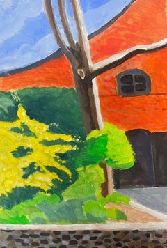 Bold Landscape Painting with Red Roof and Lush Green Foliage