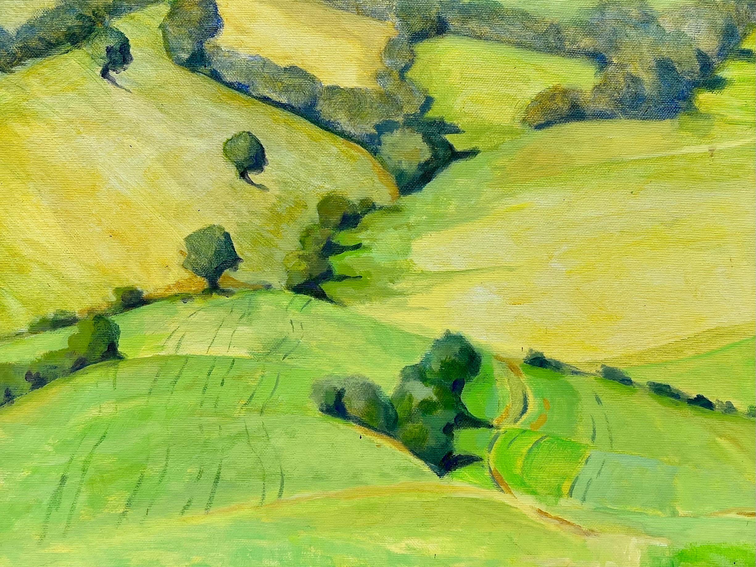 Jill Jackson Landscape Painting - Bright Golden Green Fields, British Modernist Contemporary Painting
