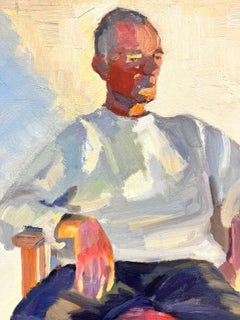 British Contemporary Modernist Oil Portrait of Man seated on Chair, Yellow Blue