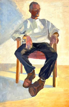 British Contemporary Modernist Oil Portrait of Man seated on Chair, Yellow Blue