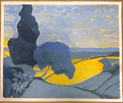 British Modernist Oil Painting Golden Fields Beneath A Starry Blue Sky