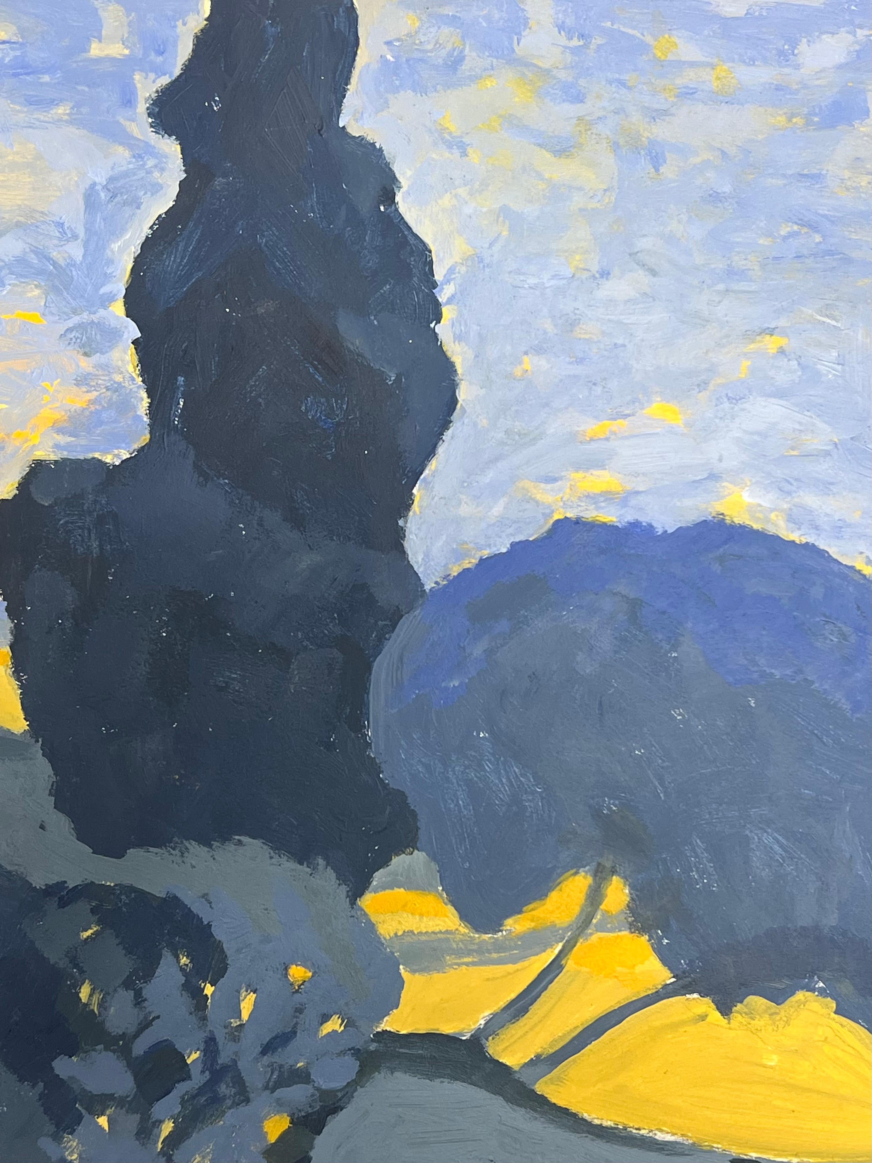 Óleo modernista británico Campos dorados bajo un cielo azul estrellado - Landscape Painting Gris de Jill Jackson
