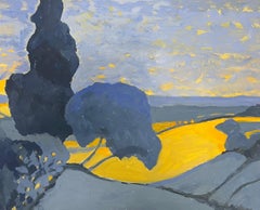 British Modernist Oil Painting Golden Fields Beneath A Starry Blue Sky