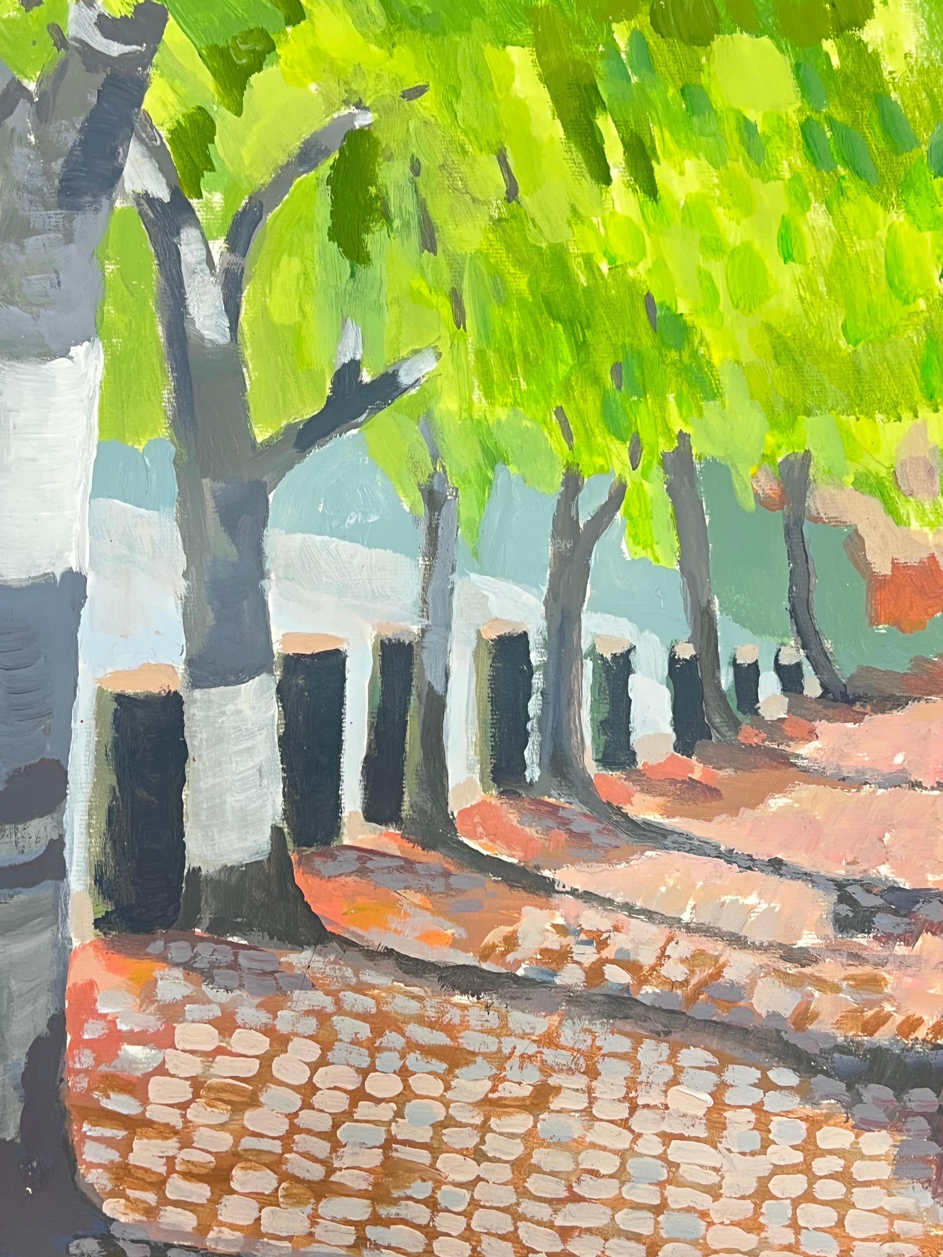 Ölgemälde der britischen Moderne, Sonnenlicht, Weg unter dem Baldachin der Bäume, Ölgemälde (Braun), Abstract Painting, von Jill Jackson