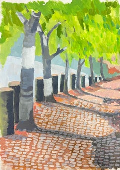 British Modernist Oil Painting Sunlit Pathway Under the Canopy of Trees