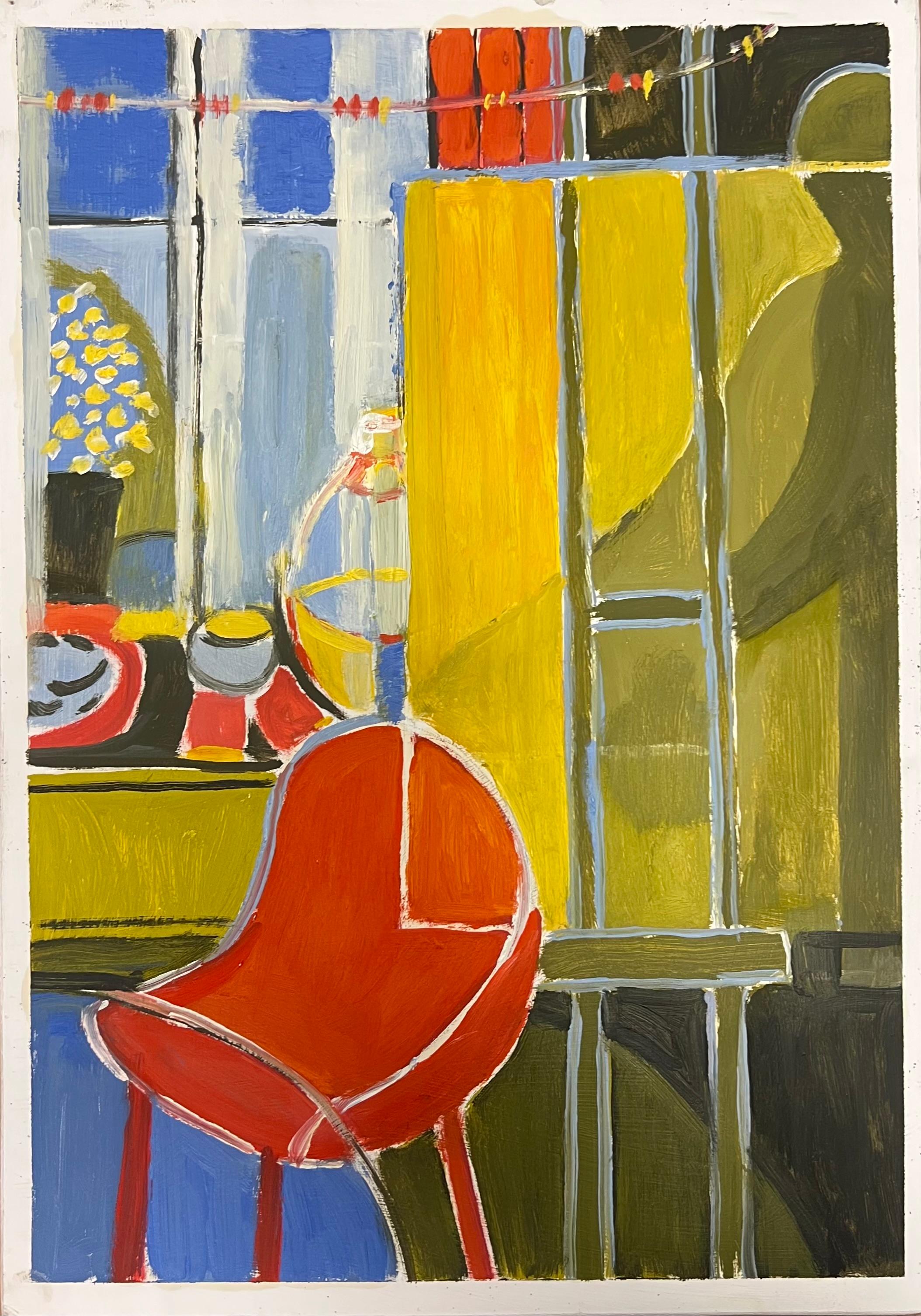 Colorful Interior Scene with a Bold Red Chair Geometric Interior British Oil - Painting by Jill Jackson