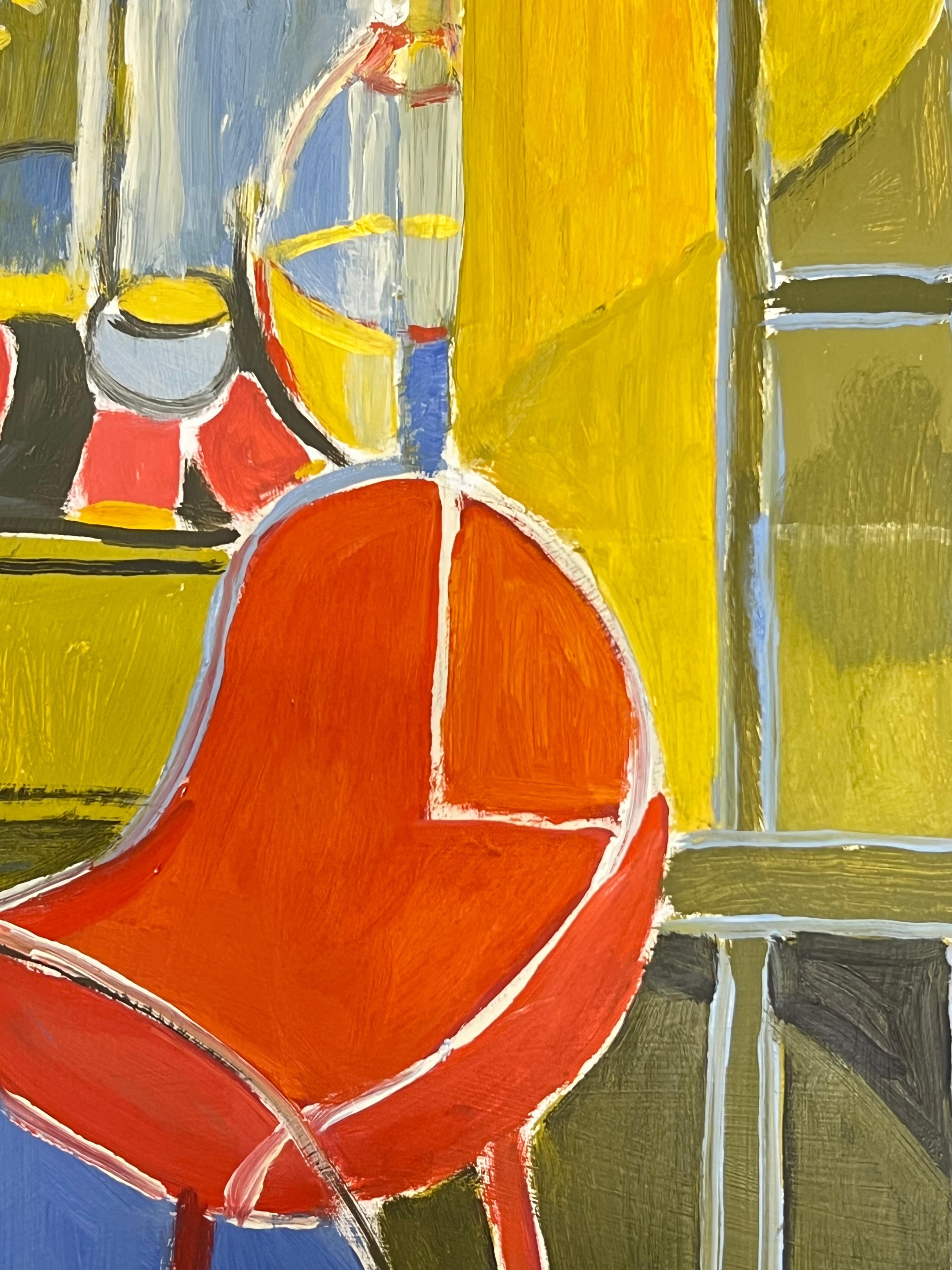 Colorful Interior Scene with a Bold Red Chair Geometric Interior British Oil - Modern Painting by Jill Jackson