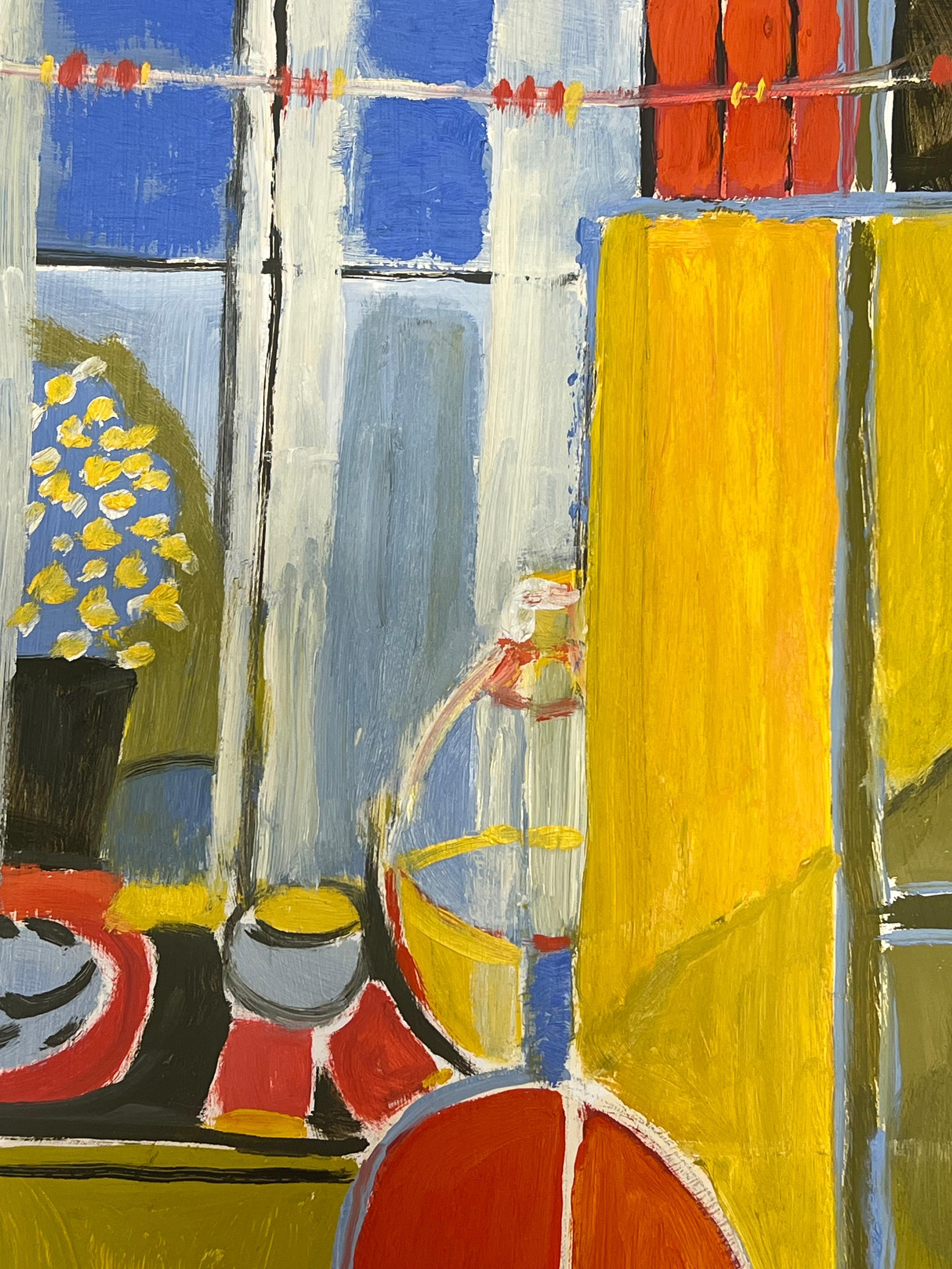 Colorful Interior Scene with a Bold Red Chair Geometric Interior British Oil - Brown Still-Life Painting by Jill Jackson