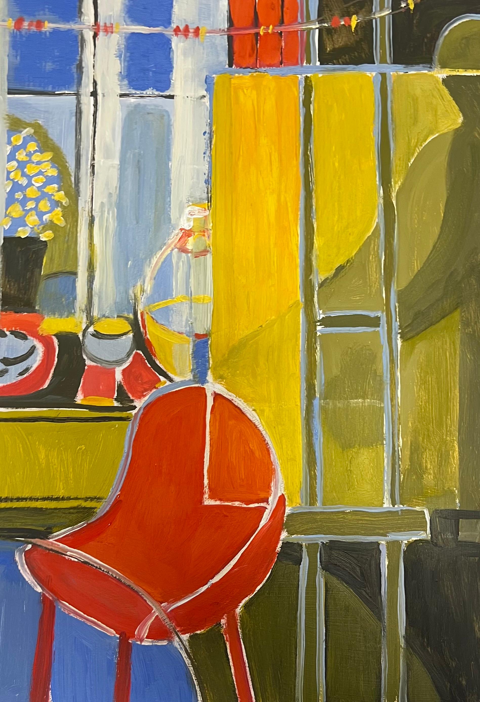Jill Jackson Still-Life Painting - Colorful Interior Scene with a Bold Red Chair Geometric Interior British Oil