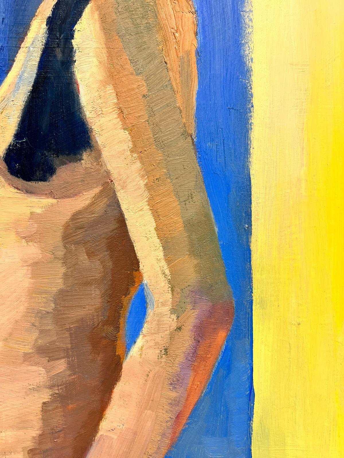 Contemporary British Oil Portrait of a Nude Lady Blue & Yellow background colors - Painting by Jill Jackson