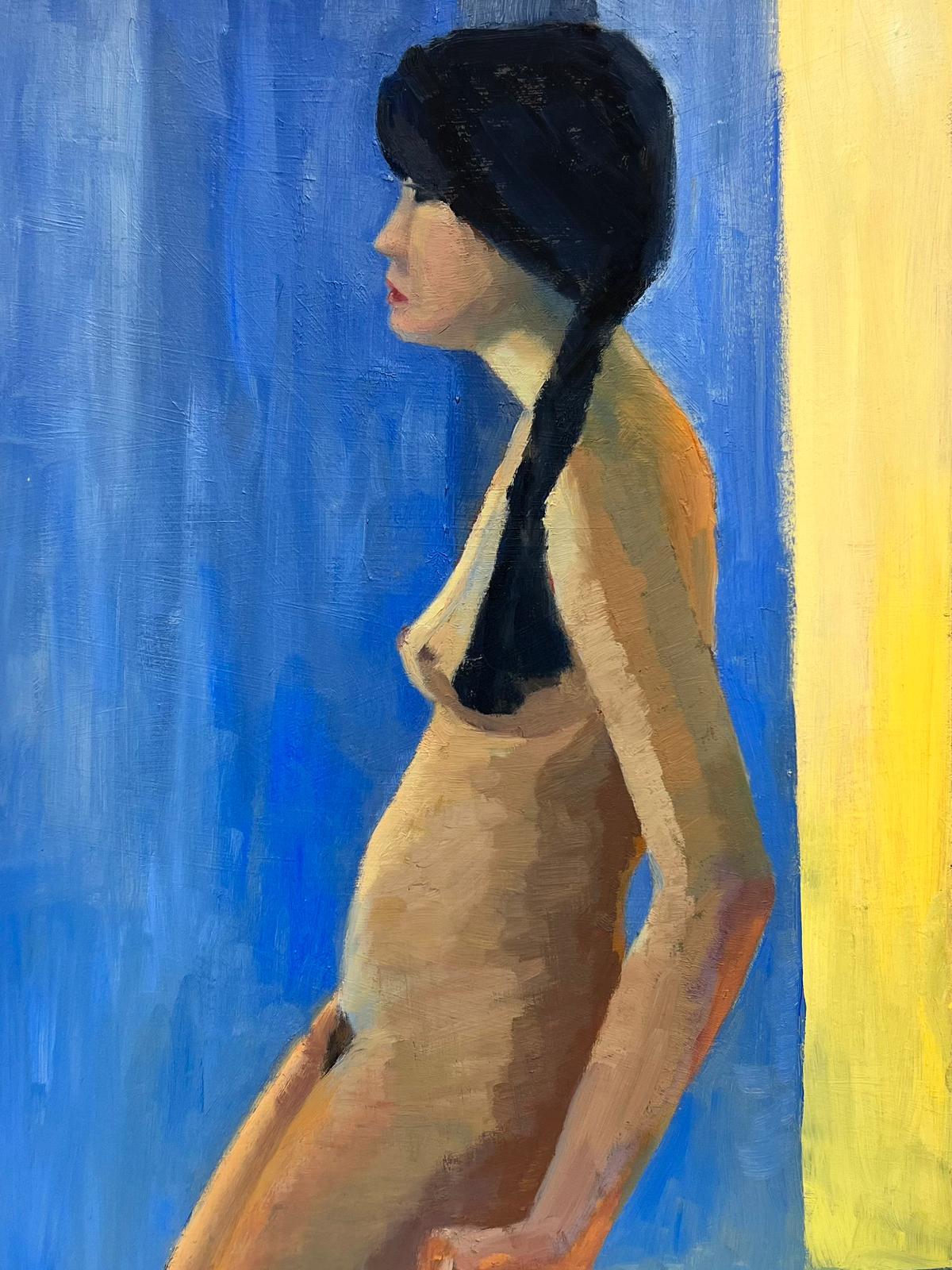 Contemporary British Oil Portrait of a Nude Lady Blue & Yellow background colors - Modern Painting by Jill Jackson