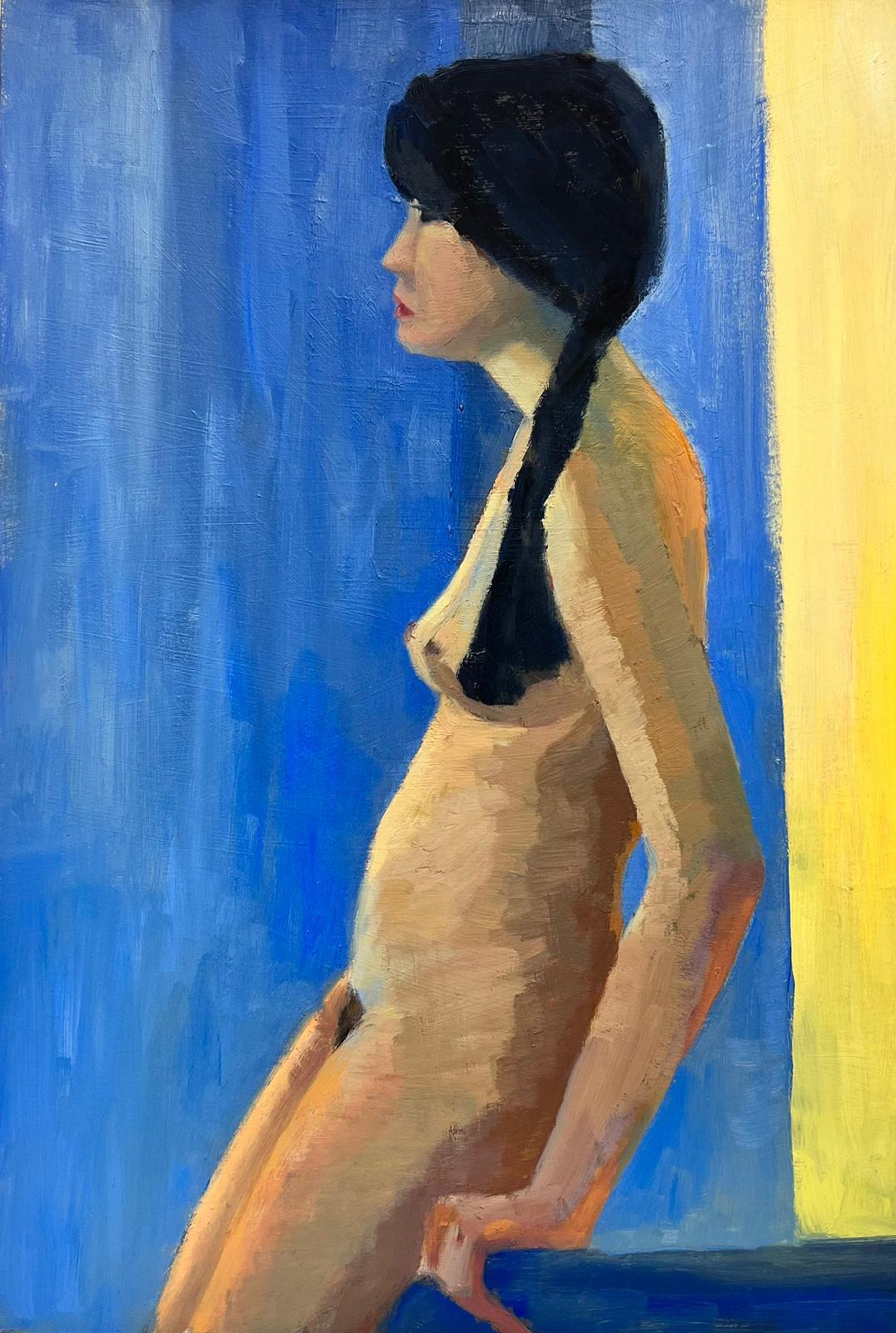 Portrait à l'huile britannique contemporain d'une femme nue, couleurs de fond bleu et jaune