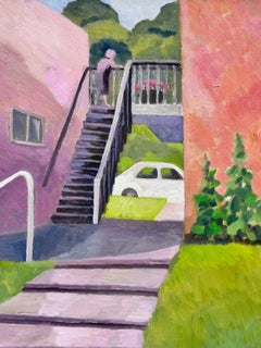 Contemporary British Painting Lady on Garden Steps, Terracotta Pinks & Greens