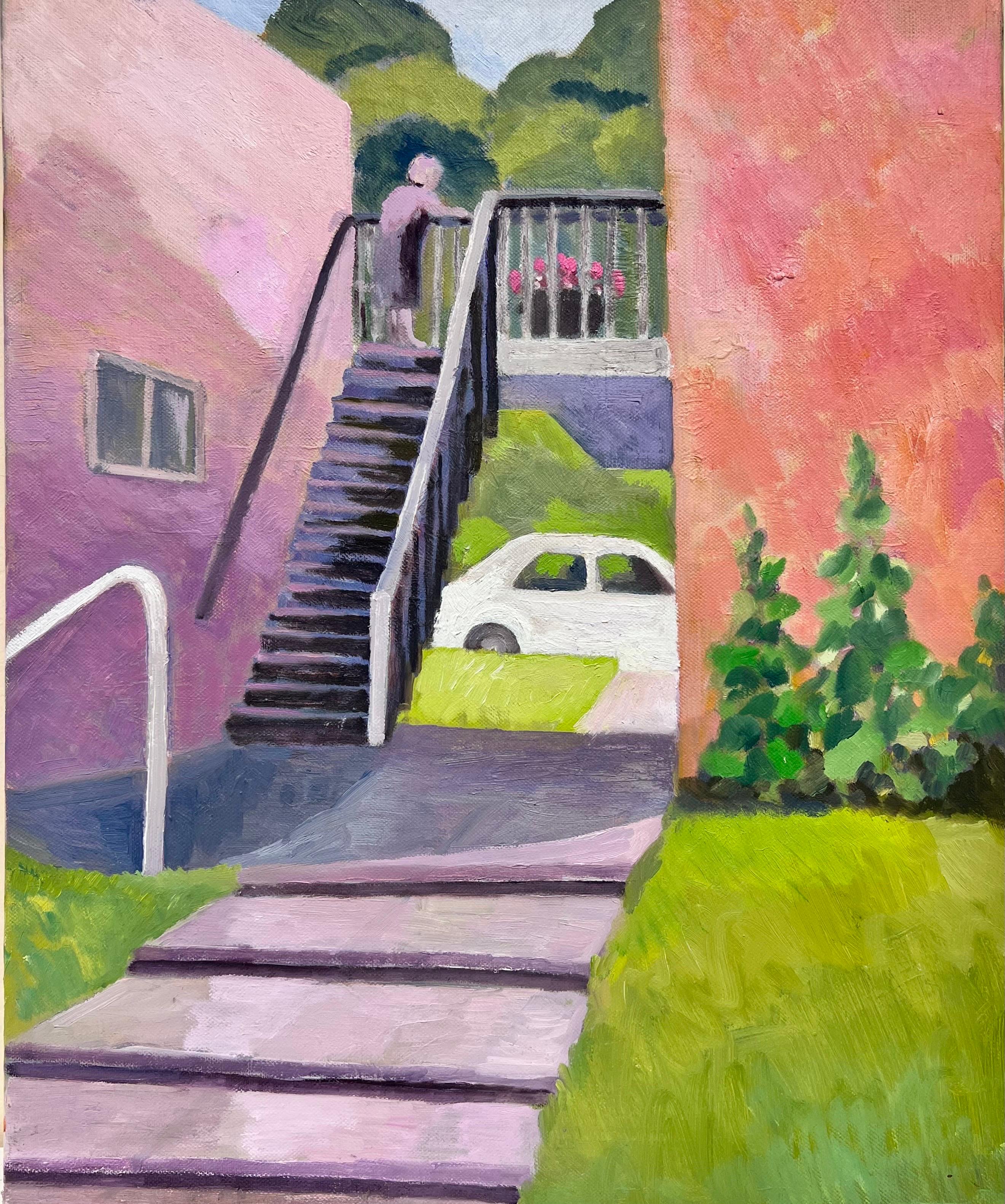 Jill Jackson Landscape Painting - Contemporary British Painting Lady on Garden Steps, Terracotta Pinks & Greens