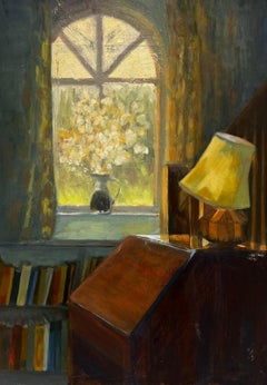 Contemporary English Oil Interior Room Scene view of Flowers in Windowsill 