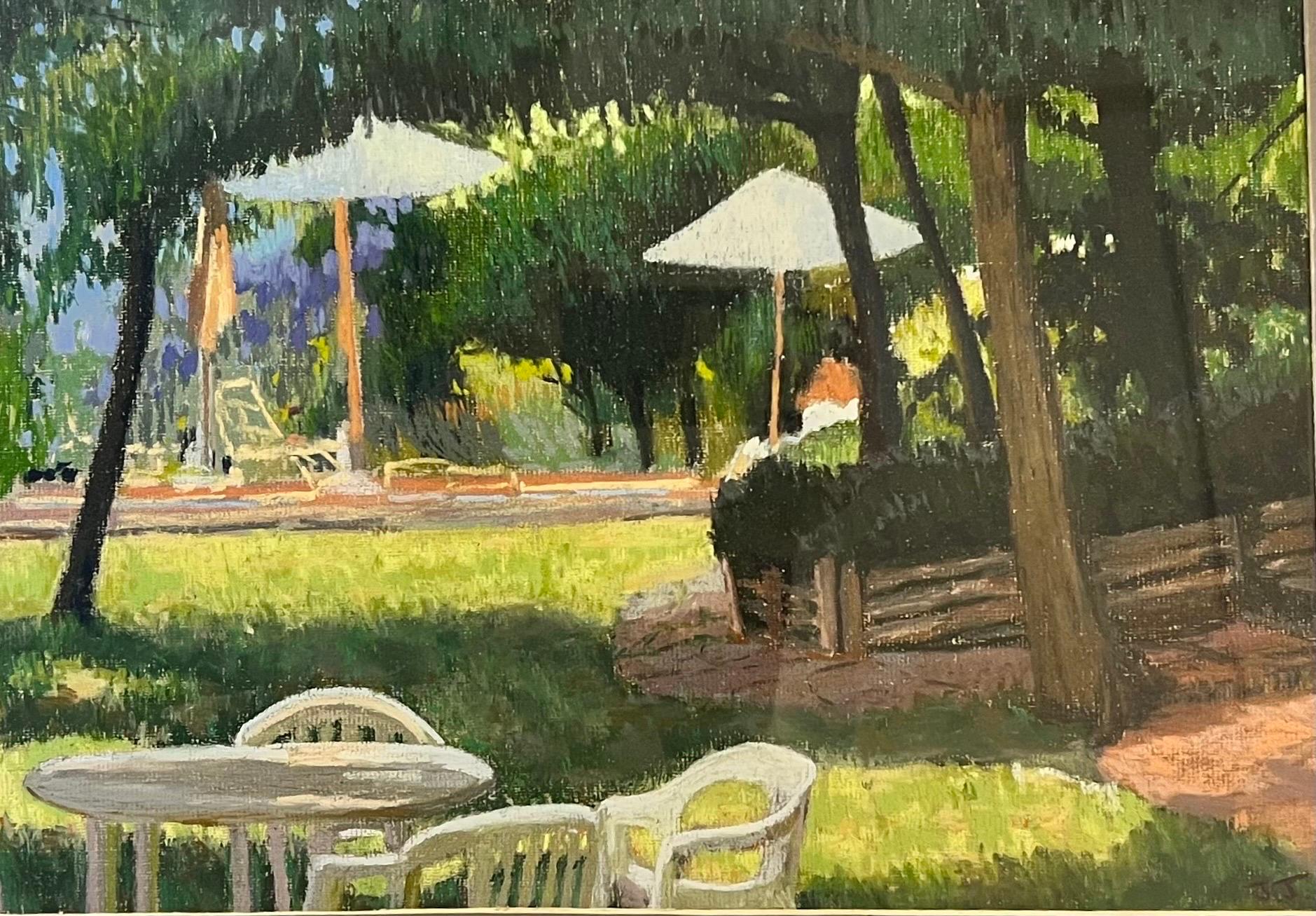 Jill Jackson Landscape Painting - Dappled Light Garden Scene Post-Impressionist Pastel Painting, British