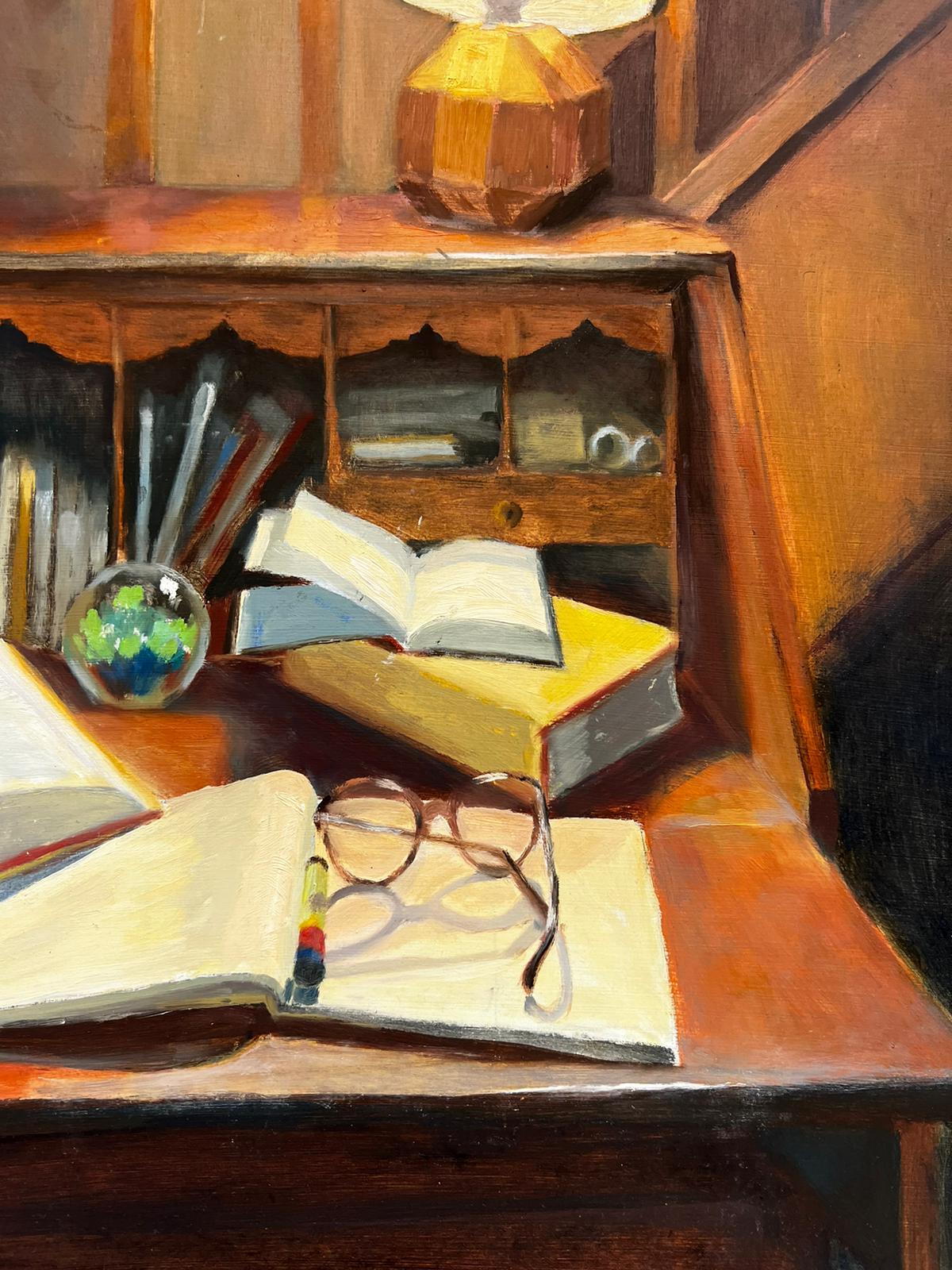 Interior Scene Still Life of Writing Desk Bureau with Table Lamp Glow - Painting by Jill Jackson