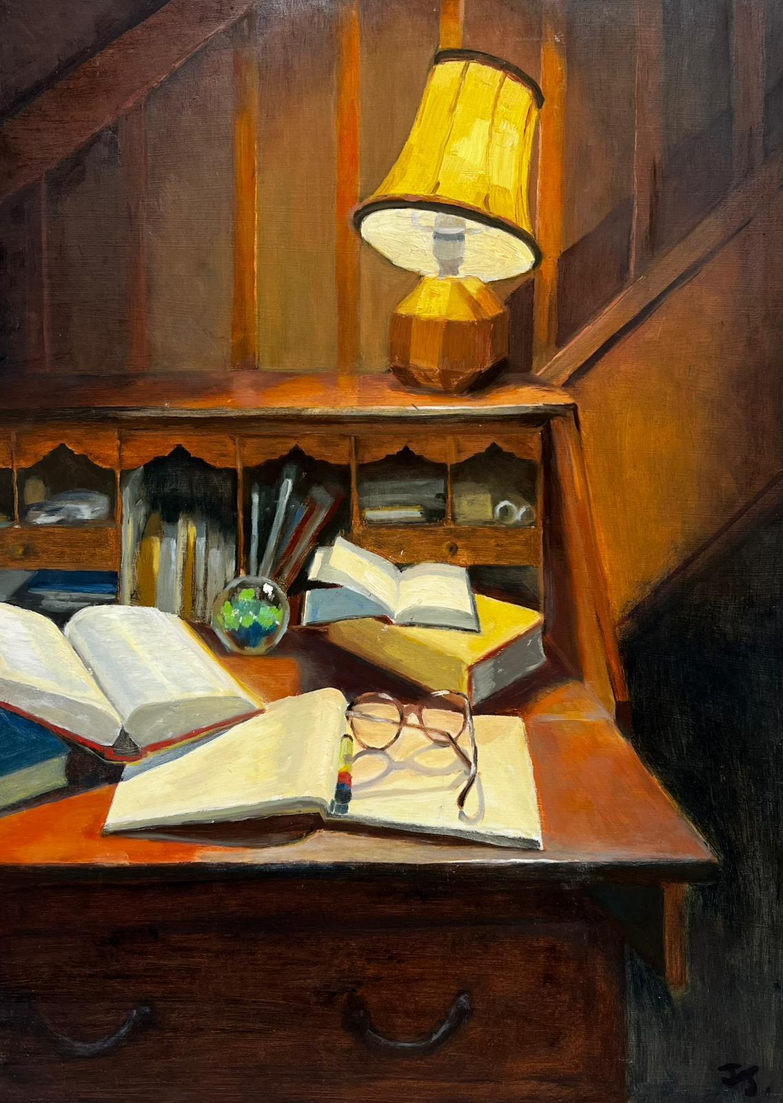Jill Jackson Figurative Painting - Interior Scene Still Life of Writing Desk Bureau with Table Lamp Glow