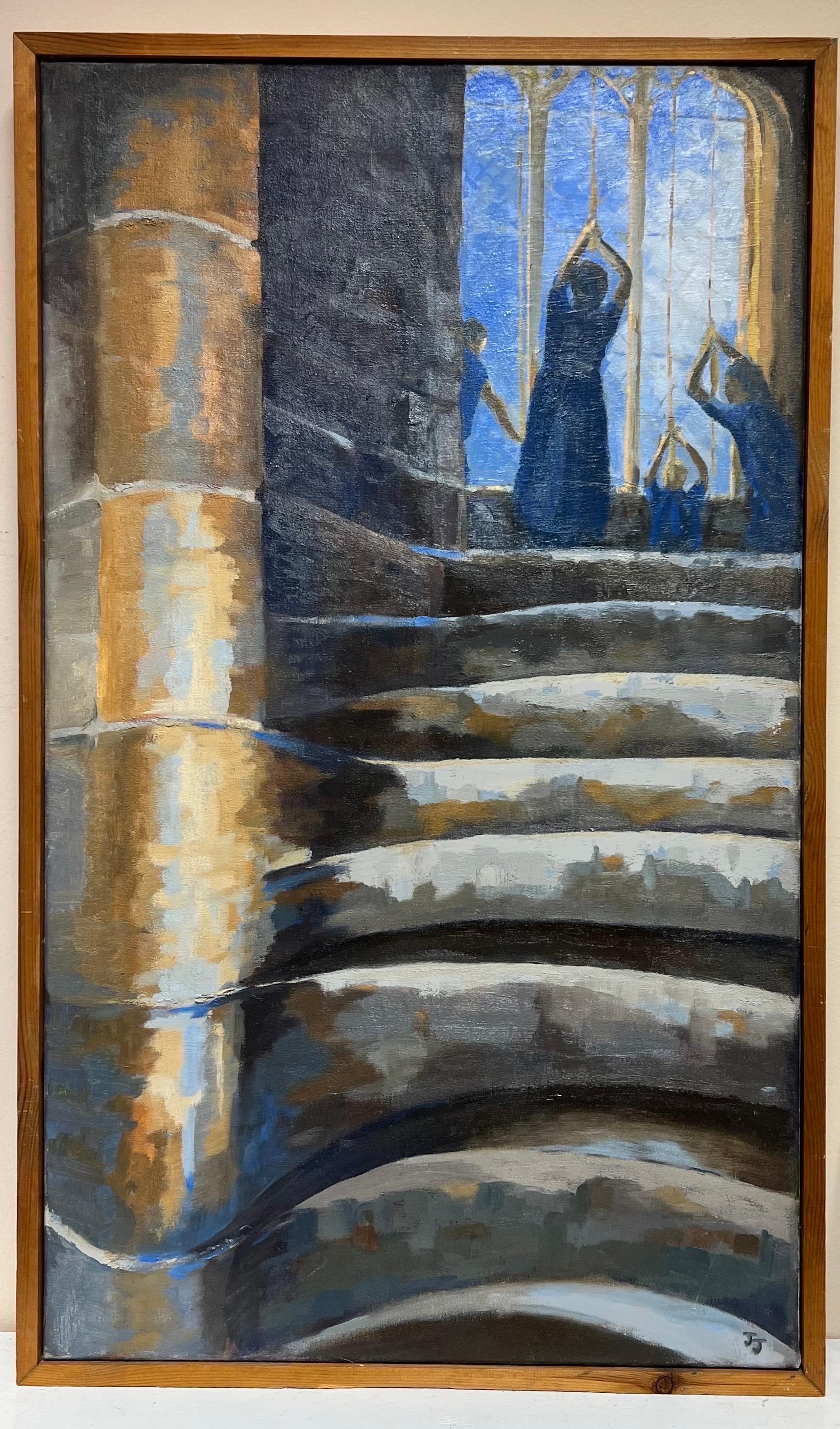 Modern British Oil Painting Bell Ringers in Church Interior, large original work - Gray Interior Painting by Jill Jackson