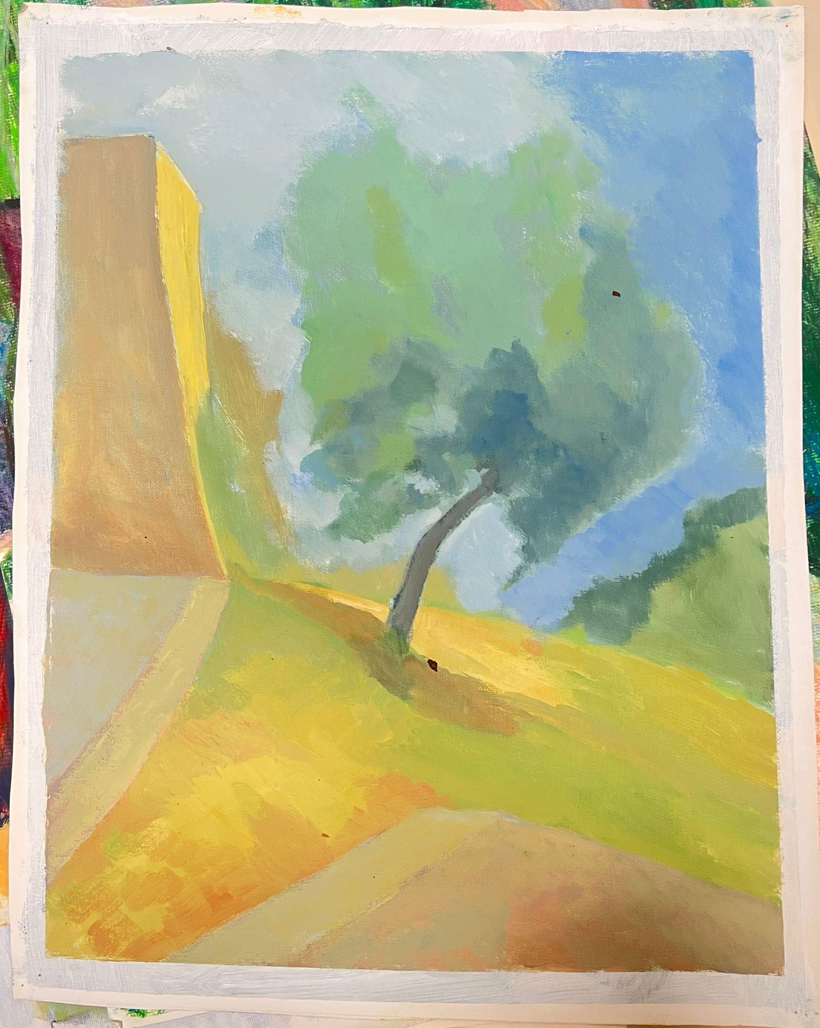 Modern Impressionistic Landscape with Tree on Sunny Hillside - Painting by Jill Jackson