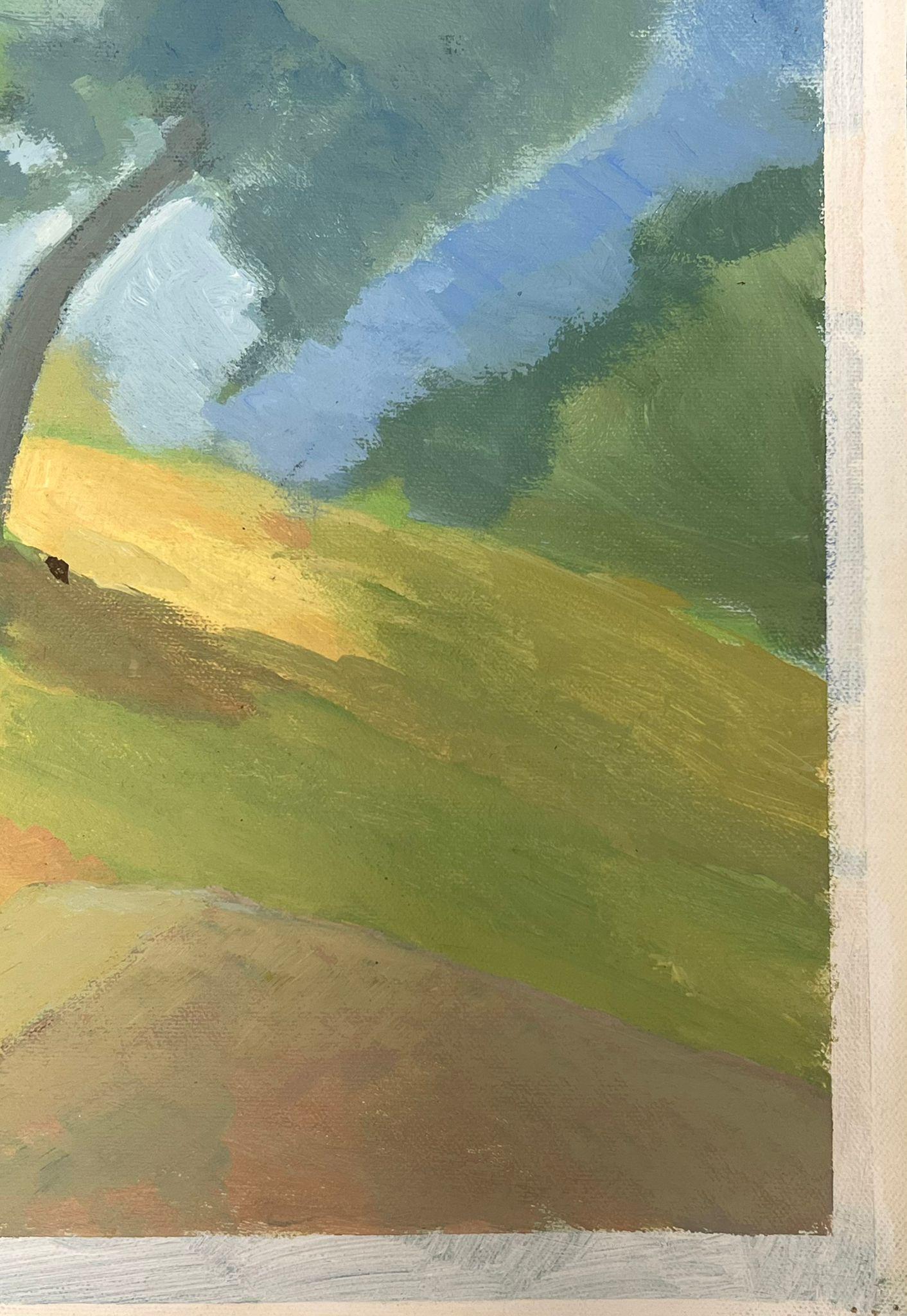 Modern Impressionistic Landscape with Tree on Sunny Hillside - Beige Landscape Painting by Jill Jackson