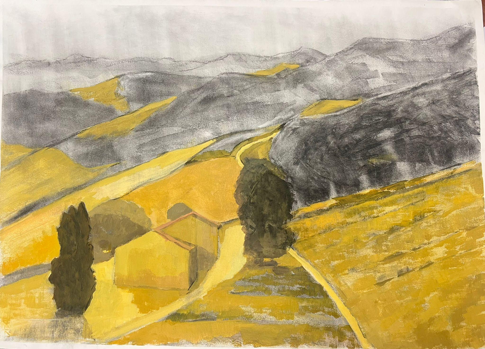 Modernistische Landschaft in Erdgelben und grauen Tönen mit Rolling Hills – Painting von Jill Jackson