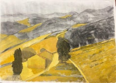 Modernist Landscape in Earthy Yellow and Gray Tones Featuring Rolling Hills