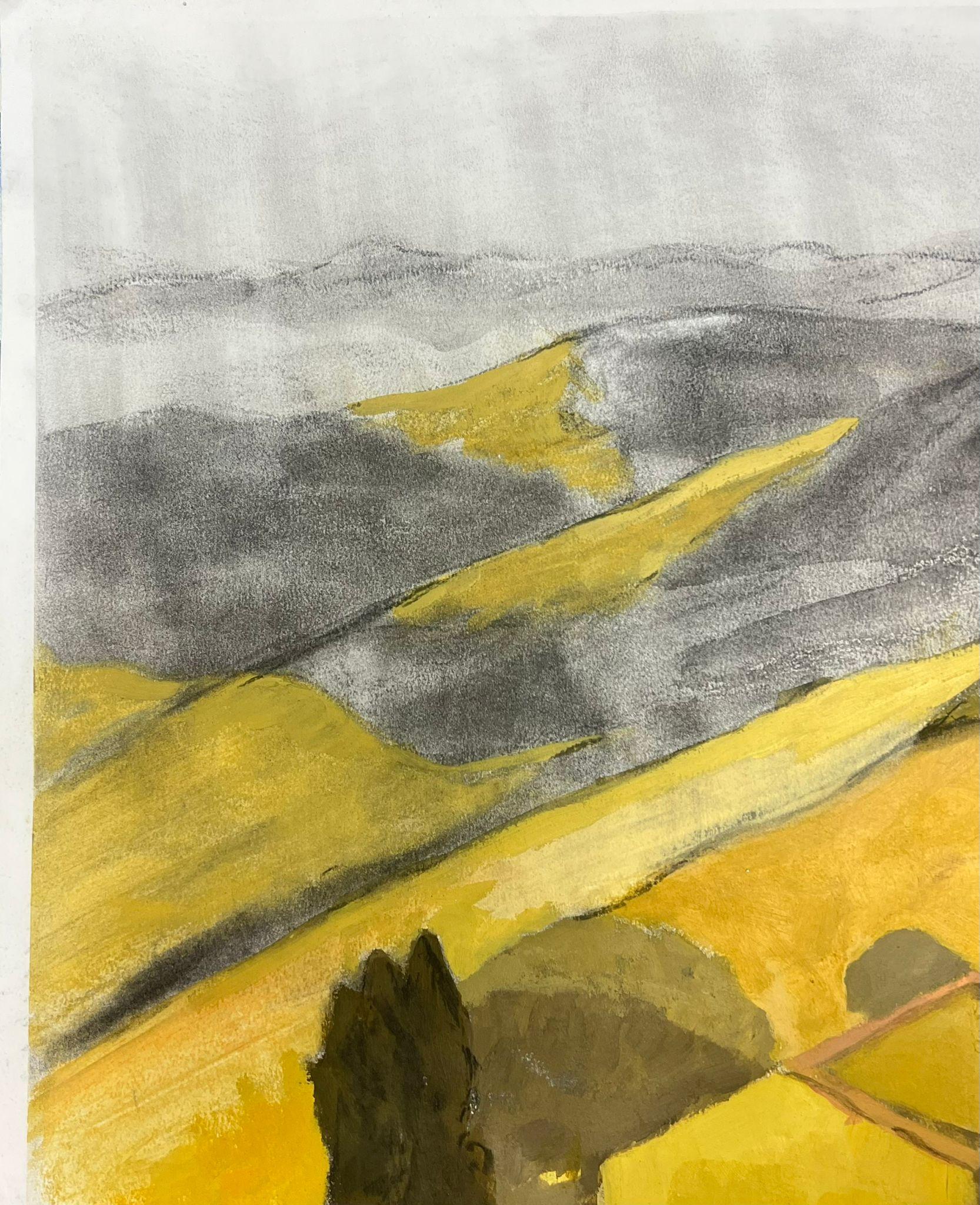 Modernistische Landschaft in Erdgelben und grauen Tönen mit Rolling Hills (Moderne), Painting, von Jill Jackson