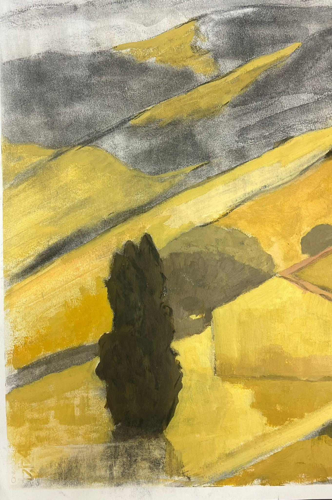 Modernistische Landschaft in Erdgelben und grauen Tönen mit Rolling Hills (Braun), Landscape Painting, von Jill Jackson