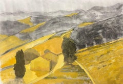 Modernistische Landschaft in Erdgelben und grauen Tönen mit Rolling Hills